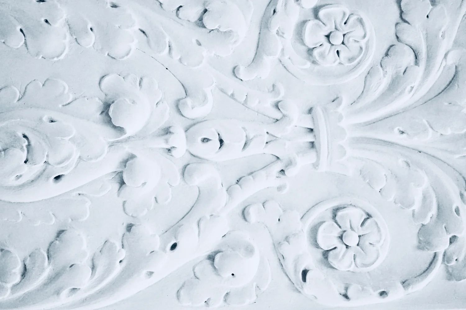 Ornement en bas-relief traité dans un camaïeu clair, volumes révélés par les ombres